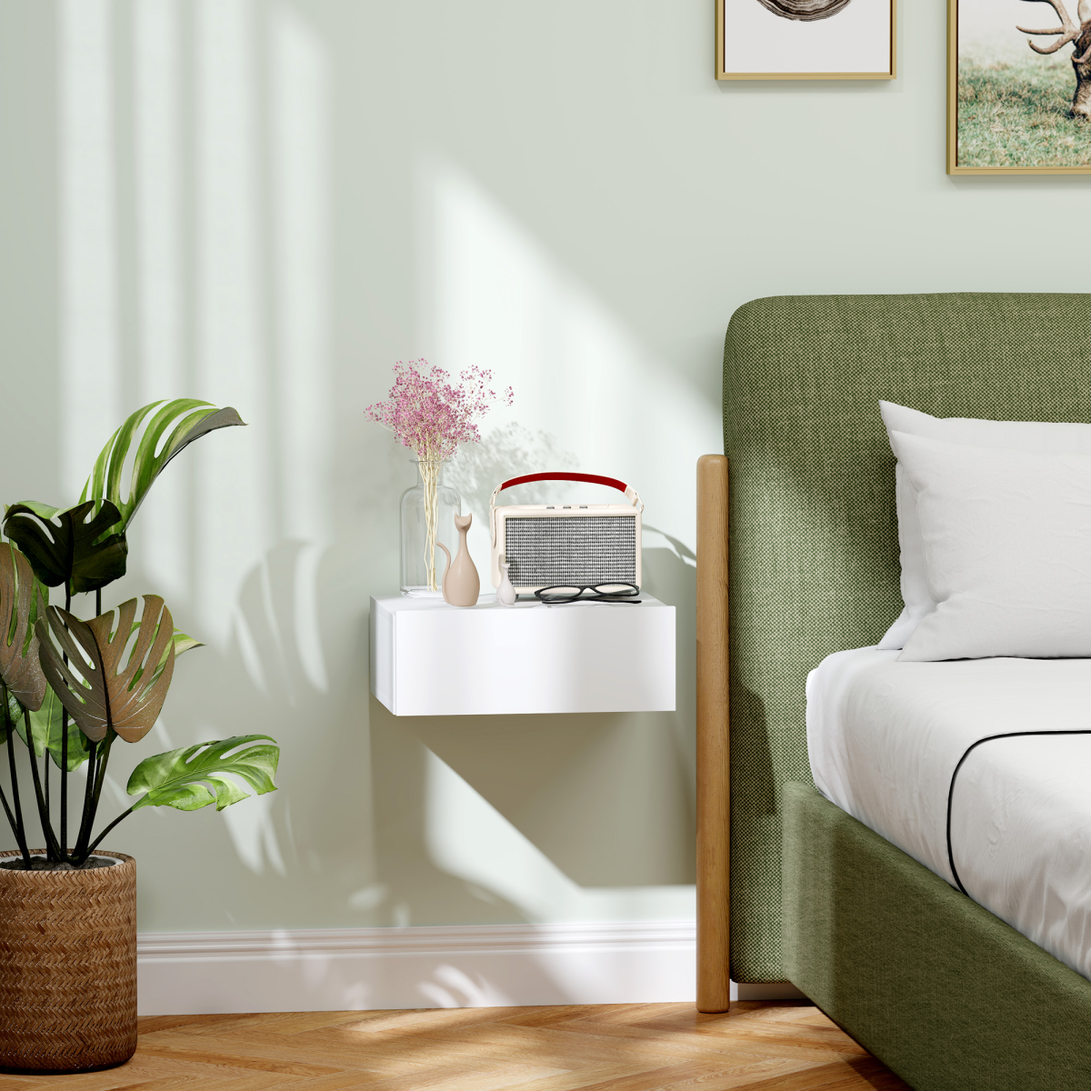 HOMCOM Wall-Mounted Floating Bedside Table with Drawer, White