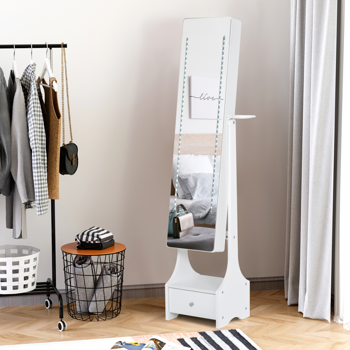 Freestanding Jewellery Armoire Mirror with LED Lights, Hooks & Drawer