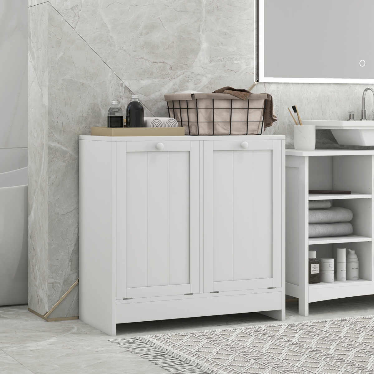 kleankin White Tilt-Out Laundry Cabinet with 2 Hamper Compartments