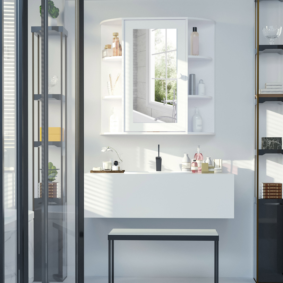 Wall Mounted Bathroom Cabinet with Mirror, Single Door Storage Cabinet with Open Shelves, White Bathroom Wall Cabinet