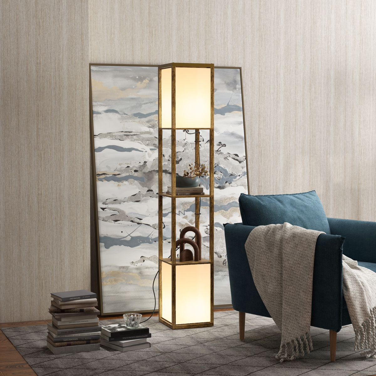 HOMCOM Shelf Floor Lamp with Dual Light, Brown for Living Room Bedroom