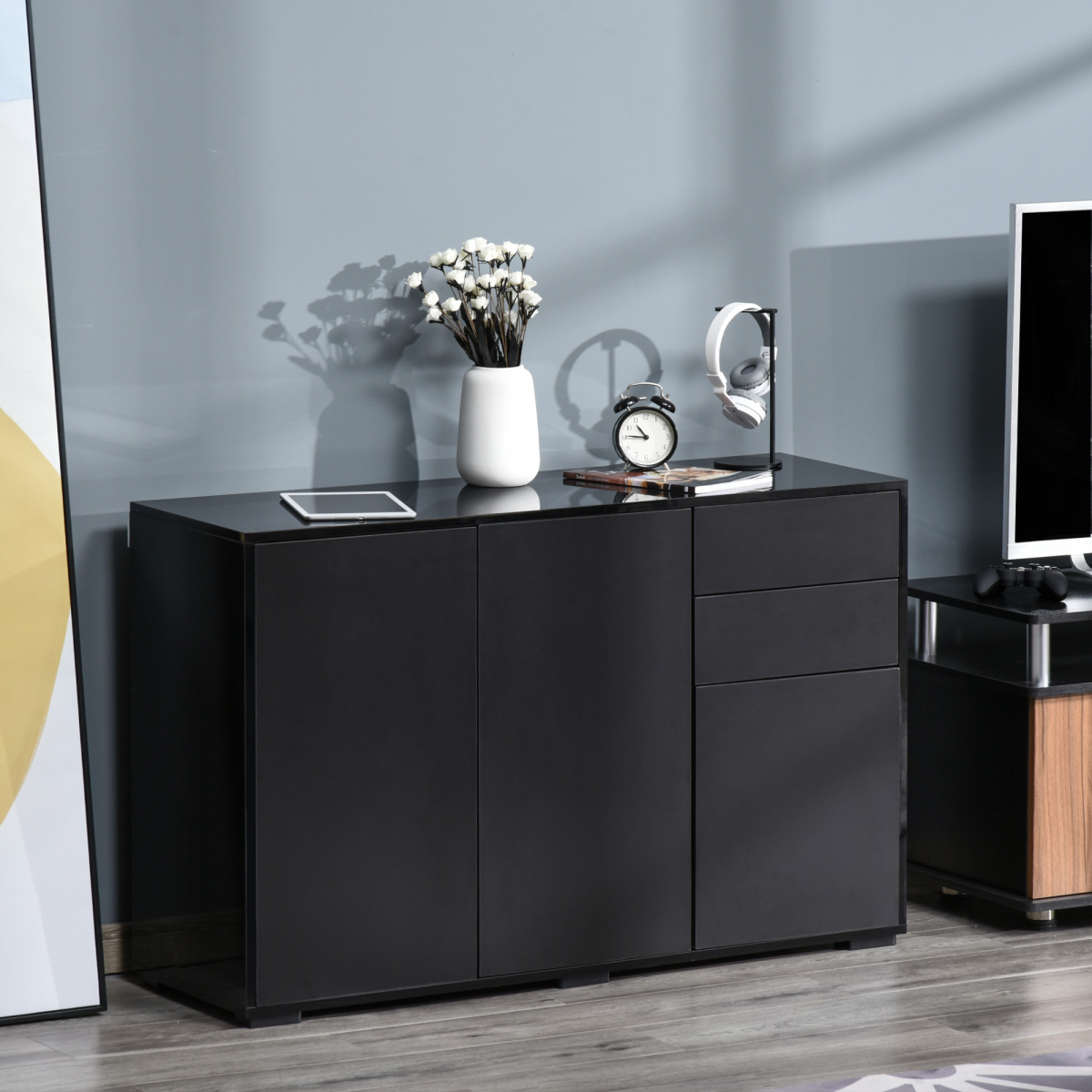 Side Cabinet with 2 Doors and 2 Drawers, Push Open Freestanding Storage Cabinet for Home Office