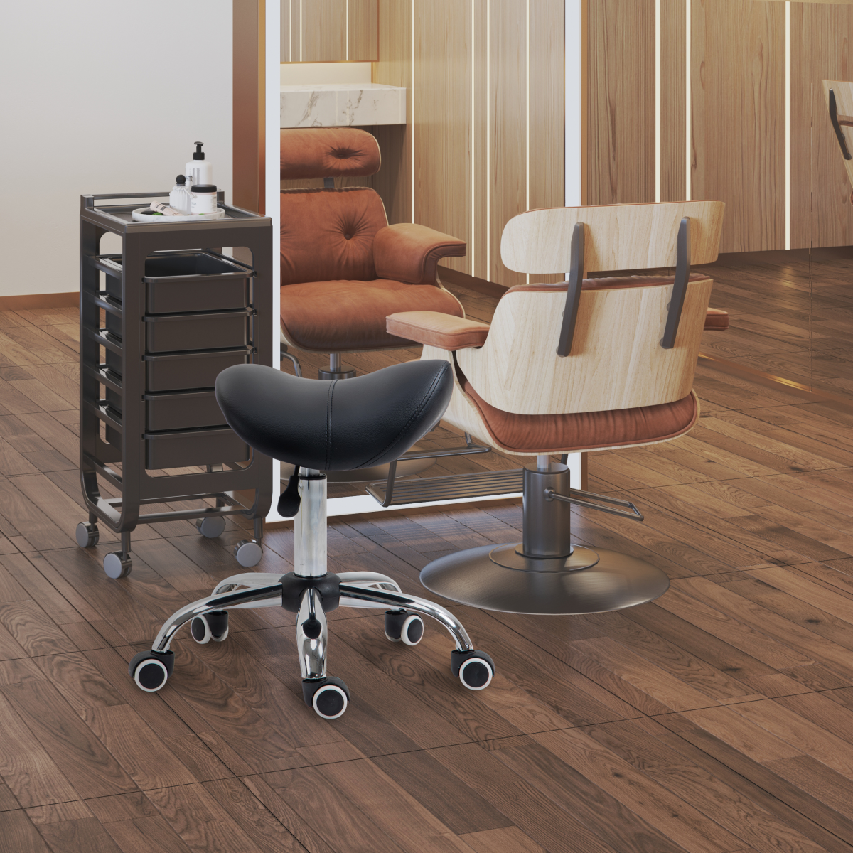 Black PU Leather Saddle Stool with Padded Seat, Adjustable Height, 5 Wheels