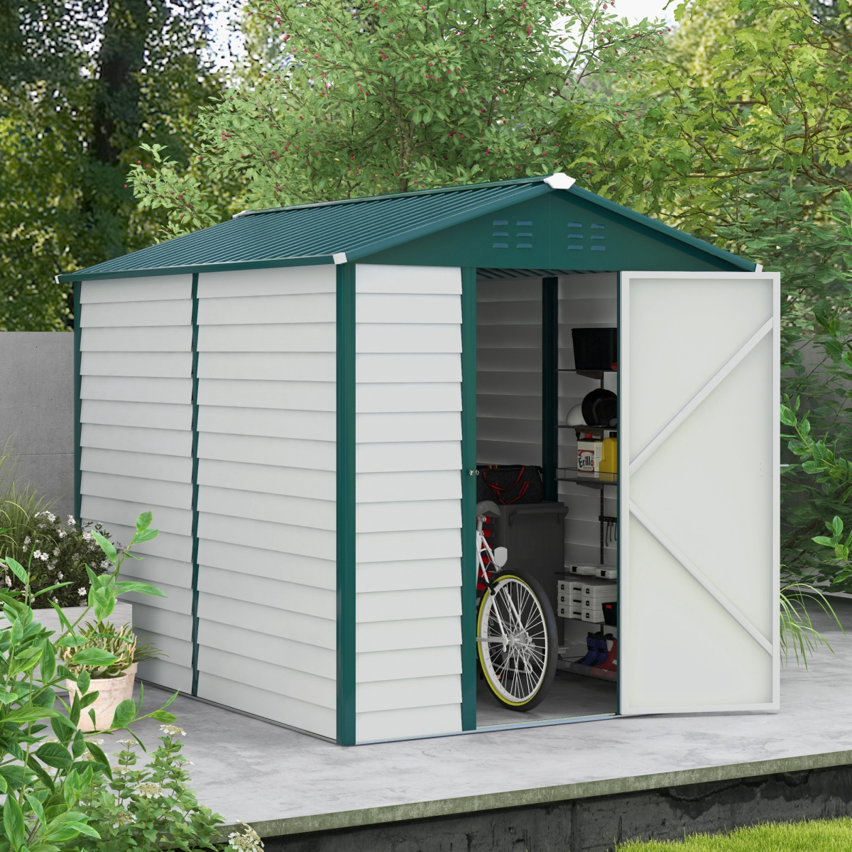 Outsunny 8.8 x 6.3ft Galvanized Steel Garden Storage Shed with Lockable Door, Window and Ventilation Panels