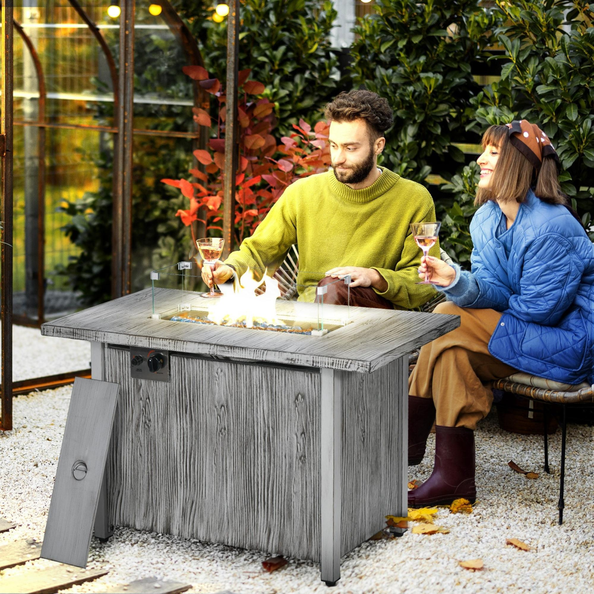 Outsunny Gas Fire Pit Table with 50,000 BTU Burner, Glass Screen and Rain Cover, Grey