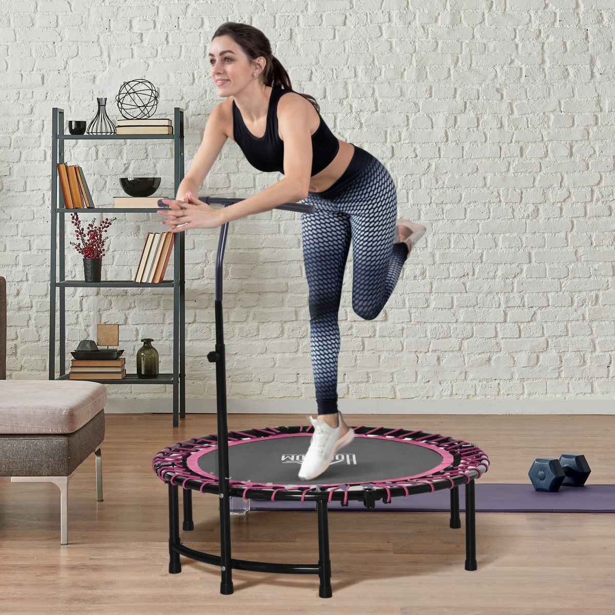 HOMCOM Folding Fitness Trampoline with Adjustable T-Bar Handle, Indoor and Outdoor Mini Rebounder, Steel Frame, 100kg Max Load