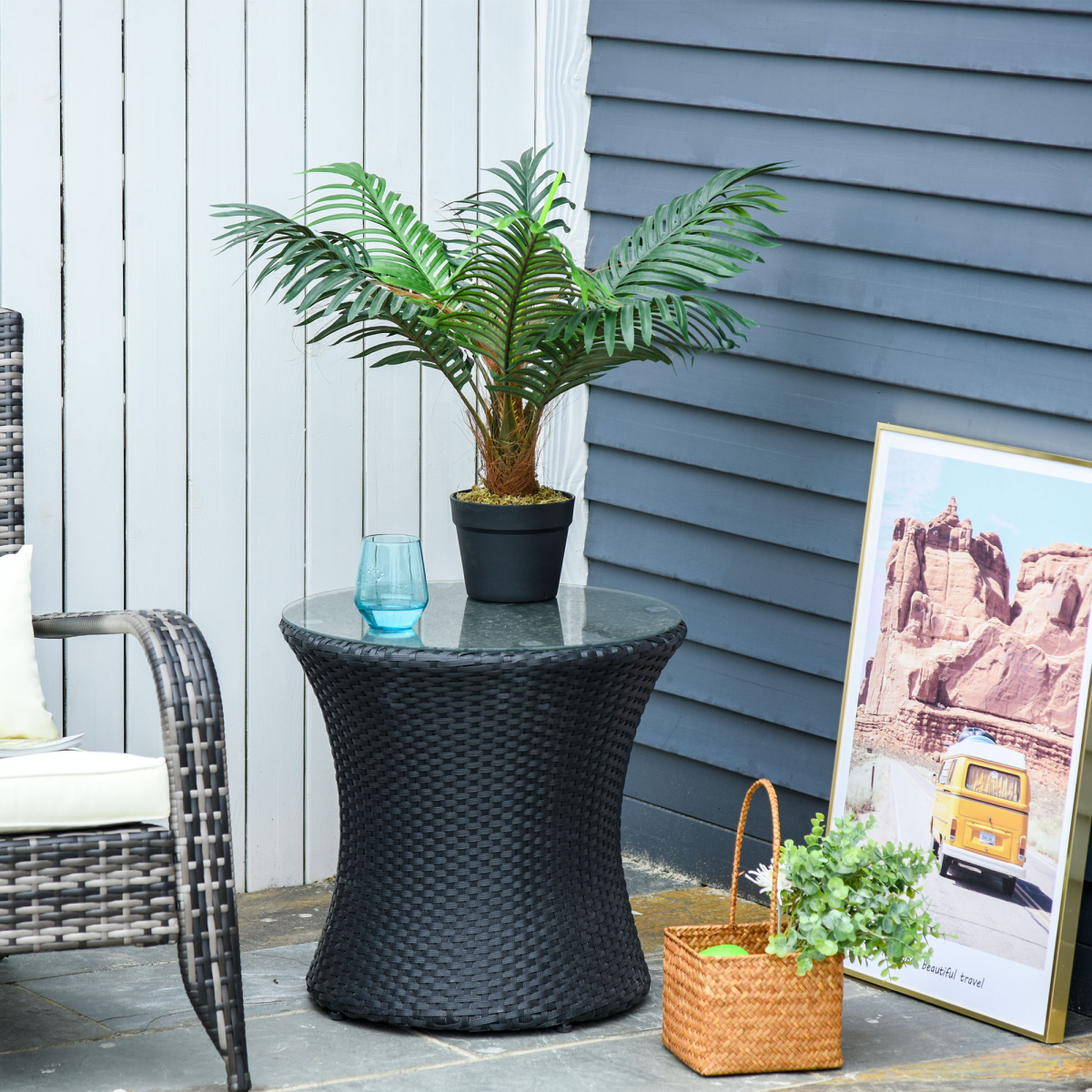 Outsunny Artificial Palm Tree, 8 Leaves, Fake Tropical Plant with Cement-Filled Pot, 60cm