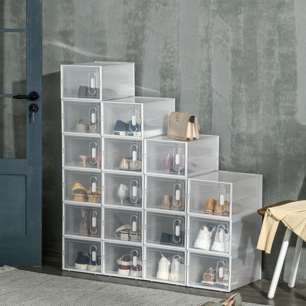 HOMCOM 18-Piece Clear Plastic Shoe Boxes, UK/EU Size up to 8.5/43, 25 x 35 x 19cm