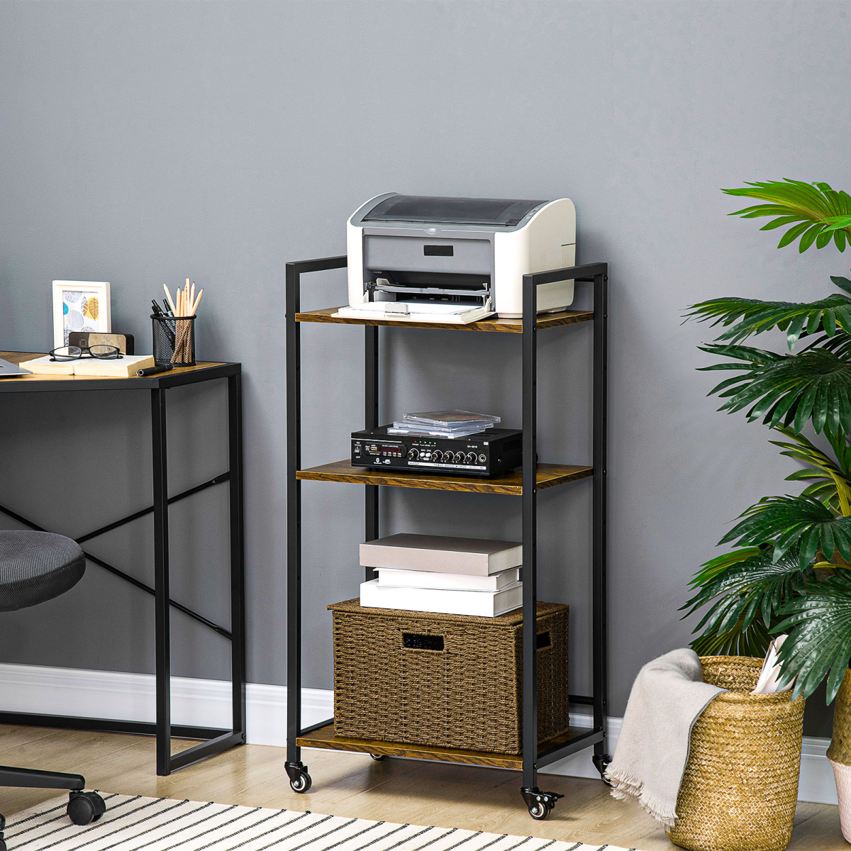 HOMCOM 3-Tier Adjustable Printer Stand Utility Cart, Rolling Trolley with Shelves and Lockable Casters