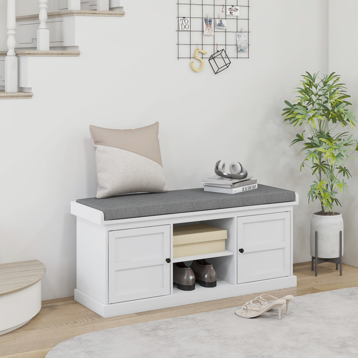 HOMCOM Shoe Storage Bench with Cushion, 2 Cabinets, White