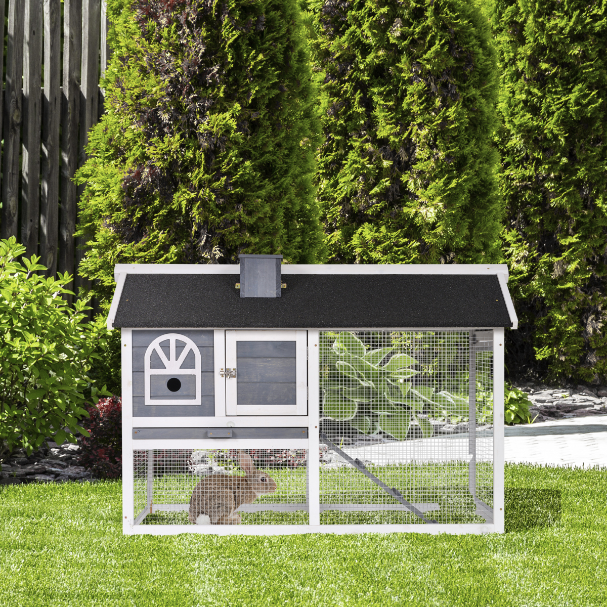 PawHut Wooden Rabbit Hutch for Indoor/Outdoor Use with Pull-Out Tray, Run Box and Ramp