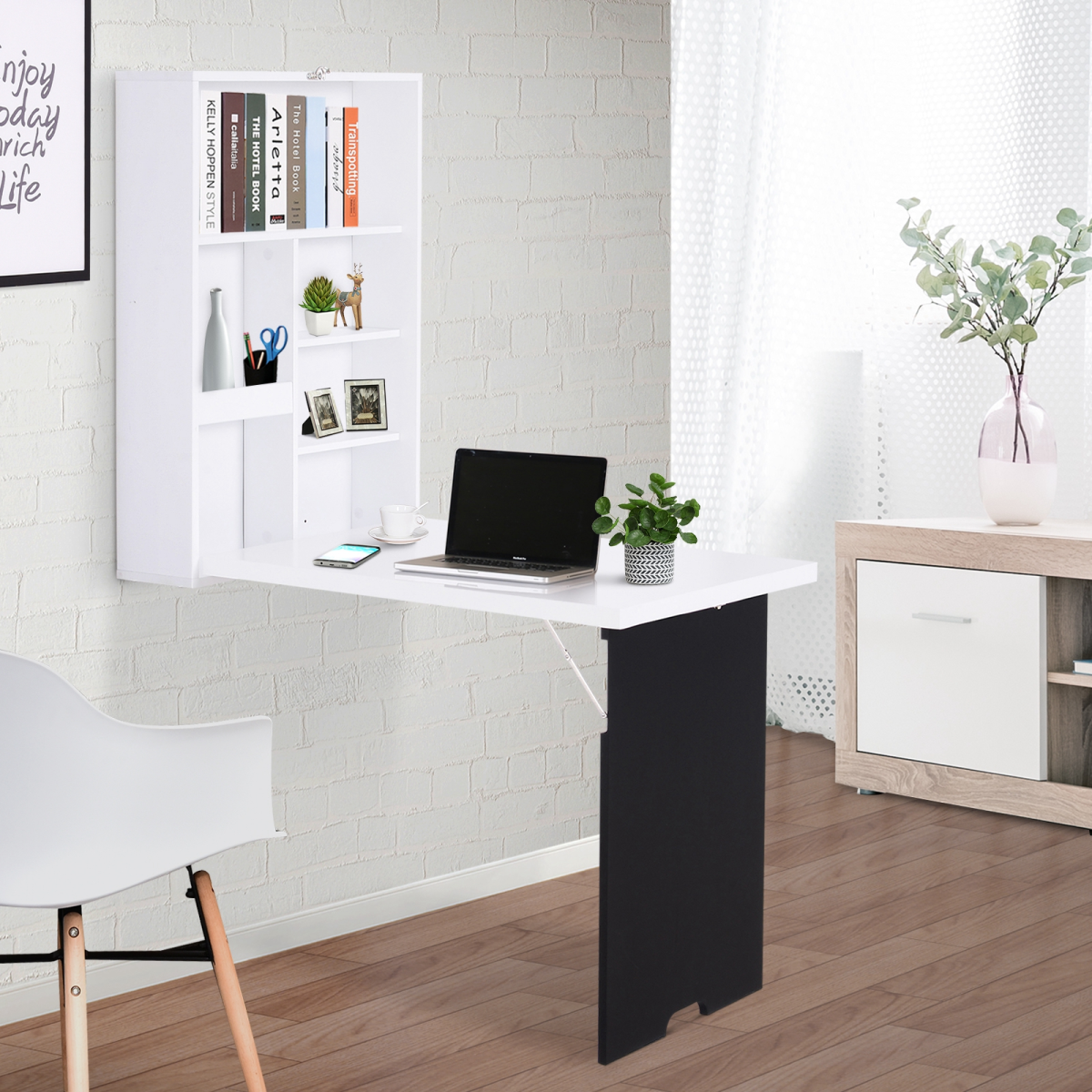 HOMCOM White MDF Wall-Mounted Folding Drop-Leaf Table with Chalkboard Shelf