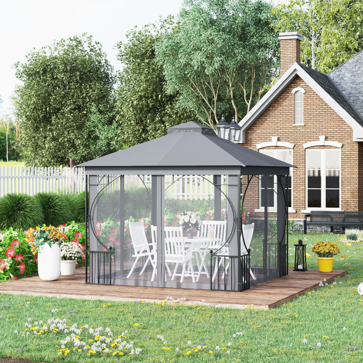 3x3m Patio Gazebo Canopy with Mesh Sidewalls, Light Grey