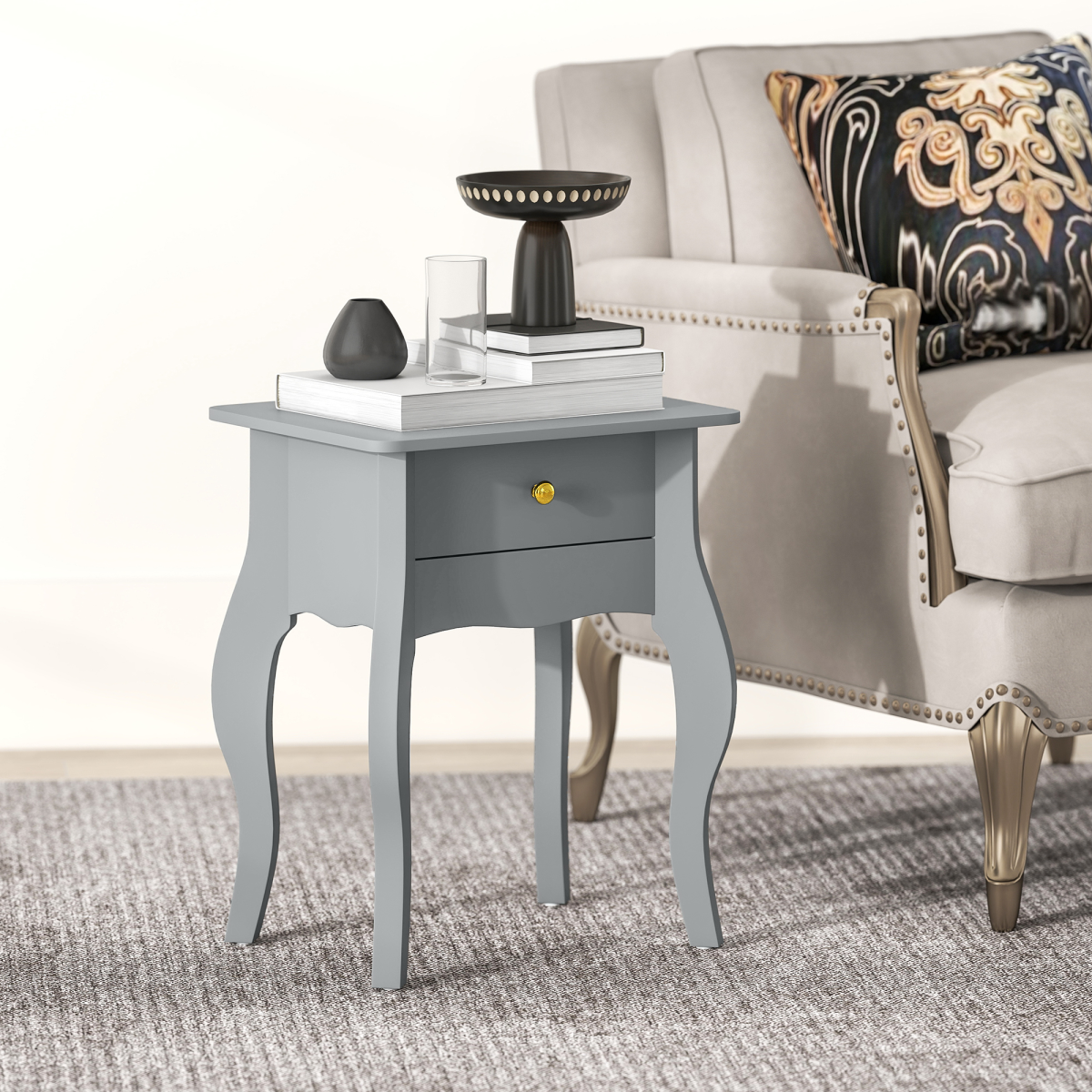 HOMCOM French Style Grey Side Table with Drawer, Curved Legs