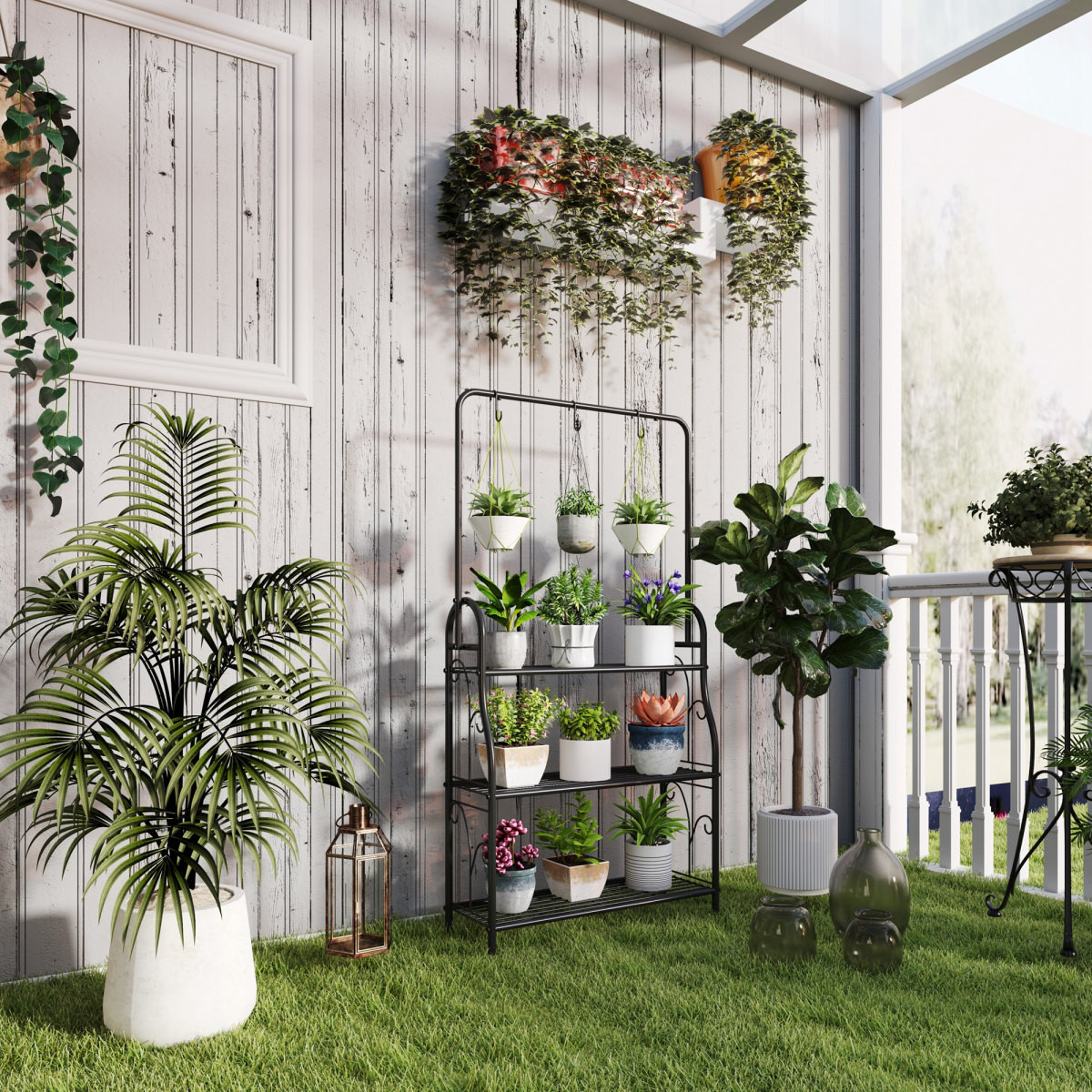 Outsunny 3-Tier Black Metal Plant Stand with Hanging Hooks