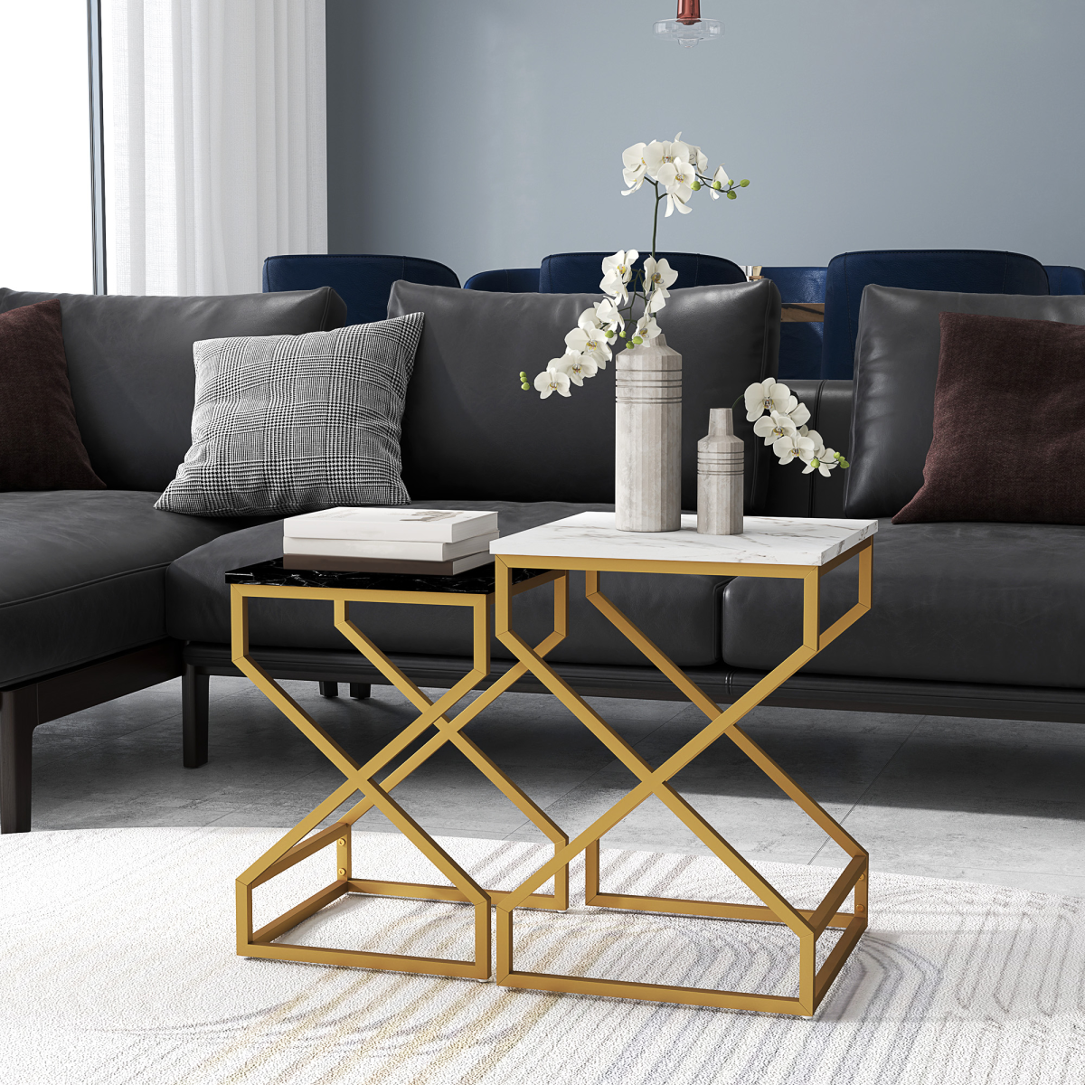 HOMCOM Nesting Coffee Tables Set, Marble-Effect Tops, Steel Frame, Black/White/Gold