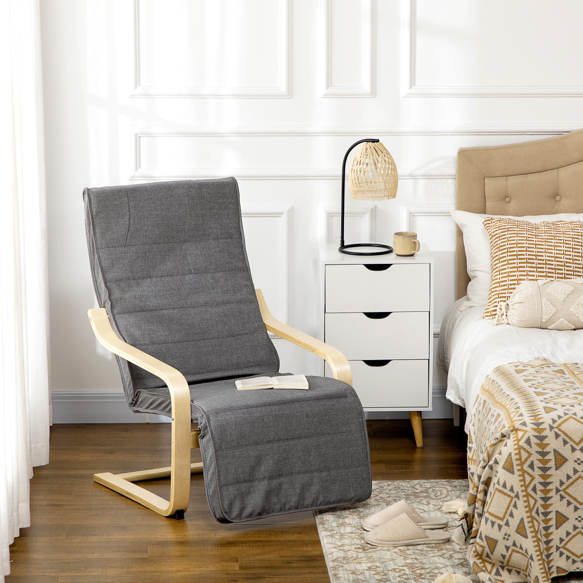 HOMCOM Lounge Chair Recliner with 5-Level Adjustable Footrest, Wooden Frame, Padded Seat, Dark Grey