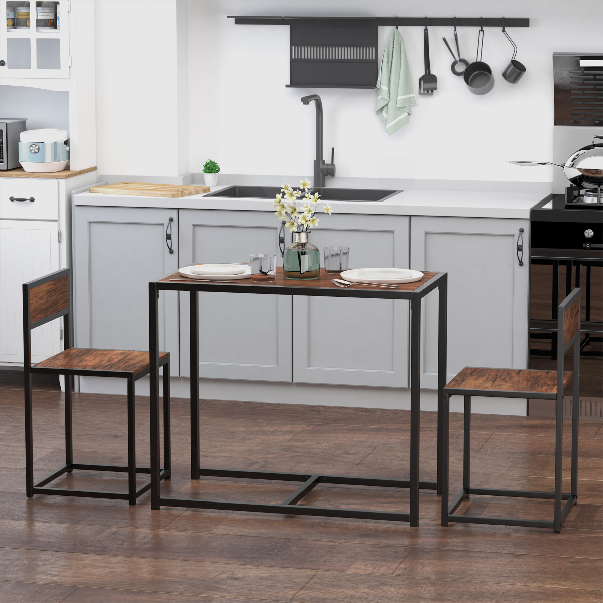 HOMCOM Industrial 3-Piece Bar Stool and Table Set, 2 Stool Chairs and Rectangular Table, Galvanised Steel Frame, Chestnut Brown MDF, Wood Tone
