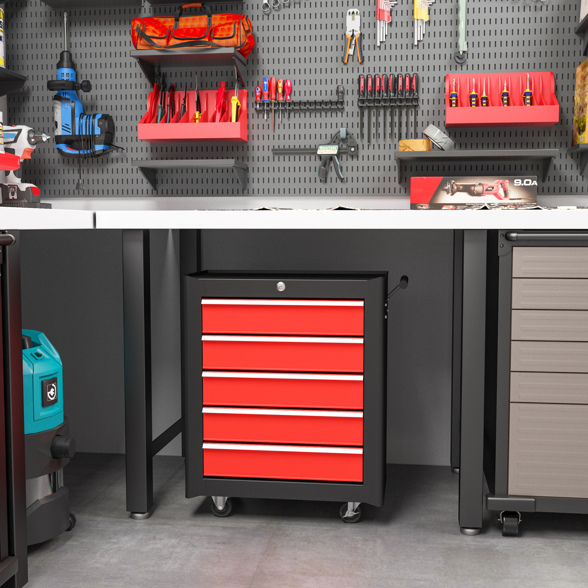 HOMCOM 5-Drawer Lockable Steel Tool Chest with Wheels, Red