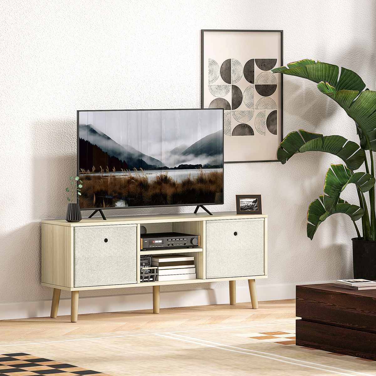 HOMCOM TV Cabinet Stand with Shelves & Drawers, Natural Wood