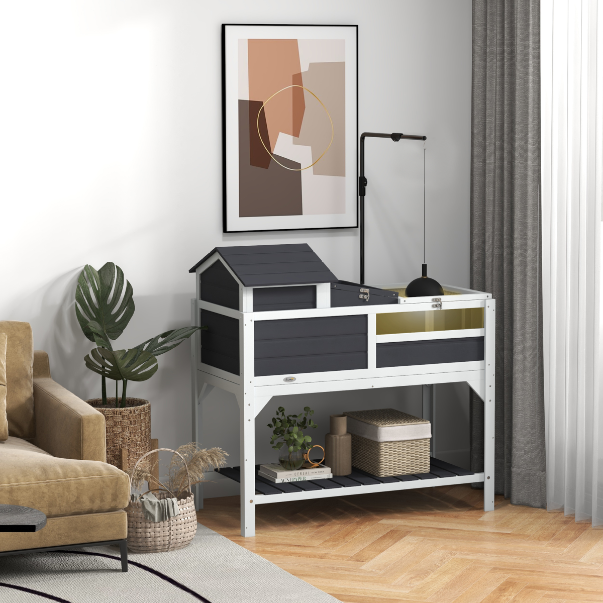 PawHut Two-Level Tortoise House with Lamp Holder, Lid & Shelf
