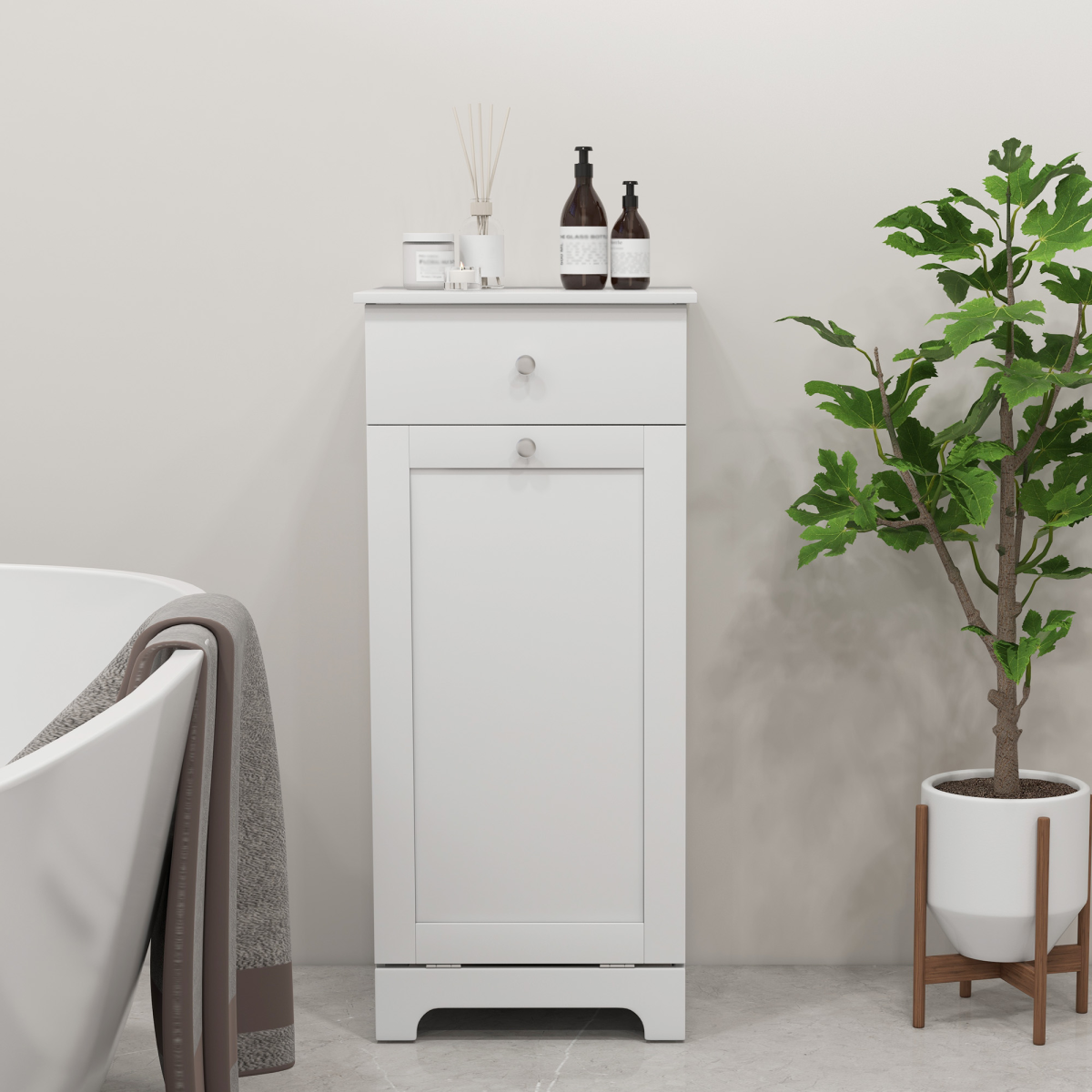 HOMCOM Bathroom Storage Cabinet with Hamper and Drawer, White