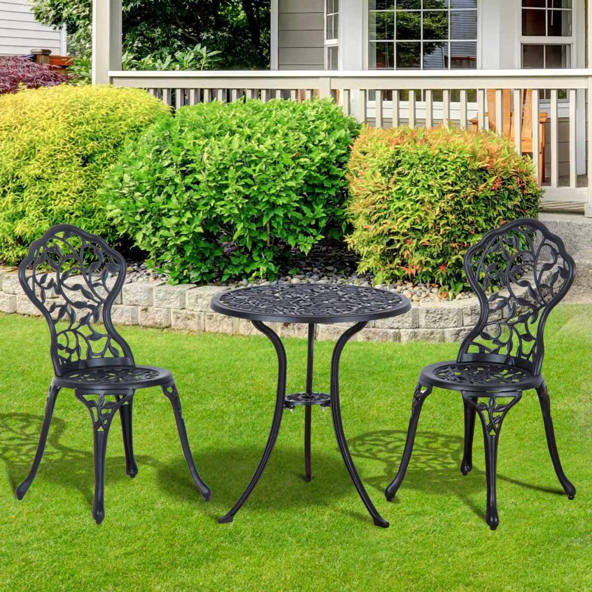 Outsunny 3 Piece Cast Aluminum Bistro Set, Black