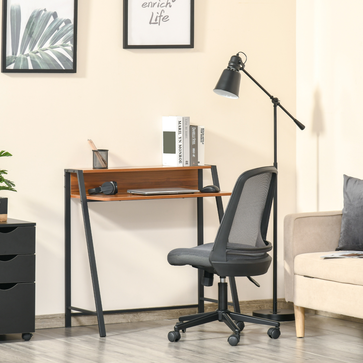 HOMCOM Computer Table, Two-Tier Table Top, Steel Frame, Walnut Colour, 84 x 45 x 85 cm