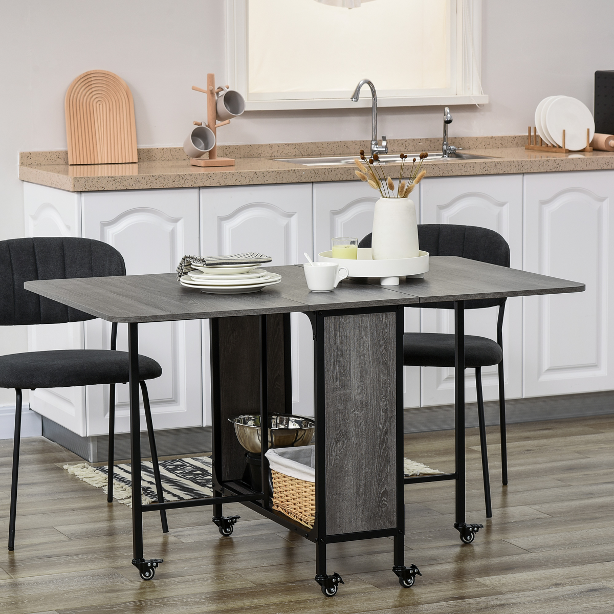 HOMCOM Mobile Drop Leaf Dining Table with Storage Shelf and Lockable Wheels