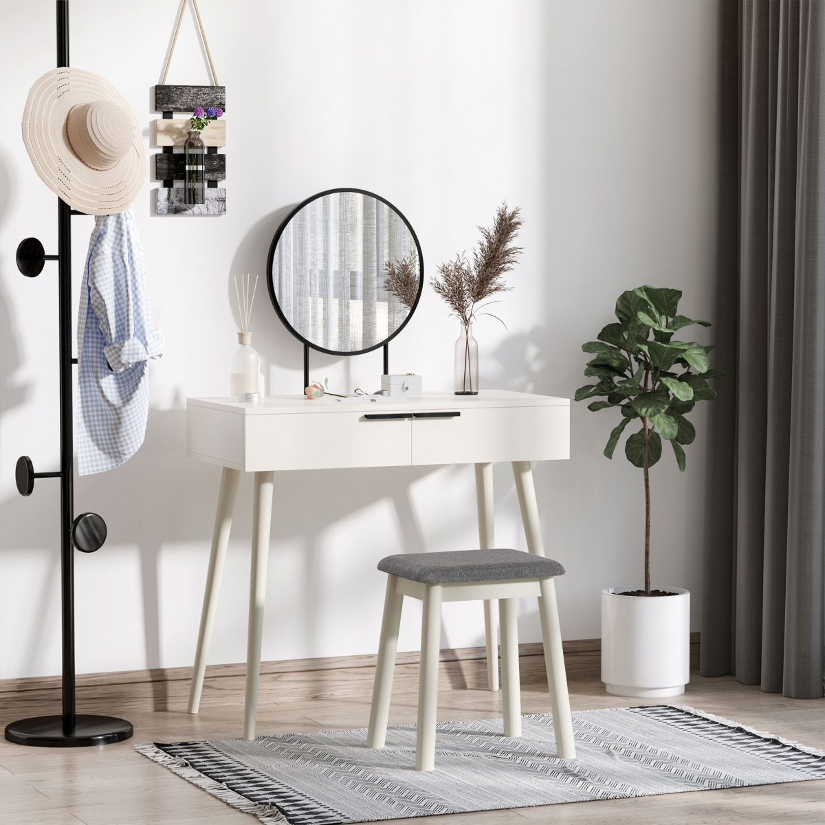 HOMCOM White Dressing Table Vanity Set with Round Mirror, Cushioned Stool, 2 Drawers