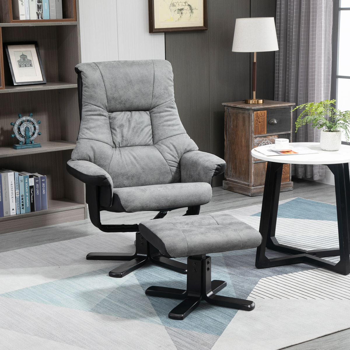 Manual Recliner Swivel Chair with Footstool, Grey Faux Leather