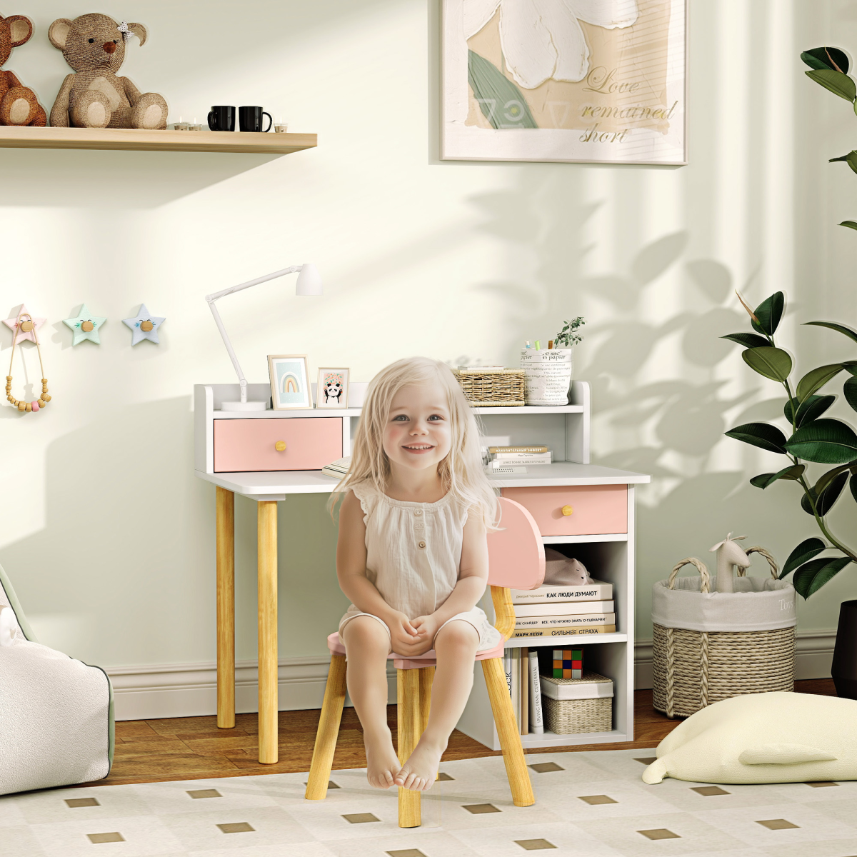 AIYAPLAY Kids Desk and Chair Set with Storage for Ages 3-8, Pink