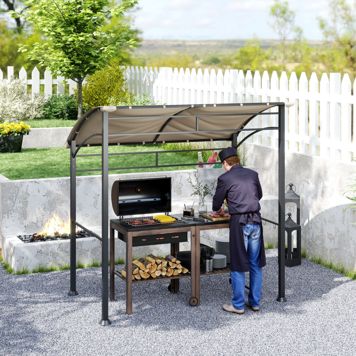 Outsunny 215 x 150cm Weather-Resistant BBQ Gazebo Canopy, Khaki