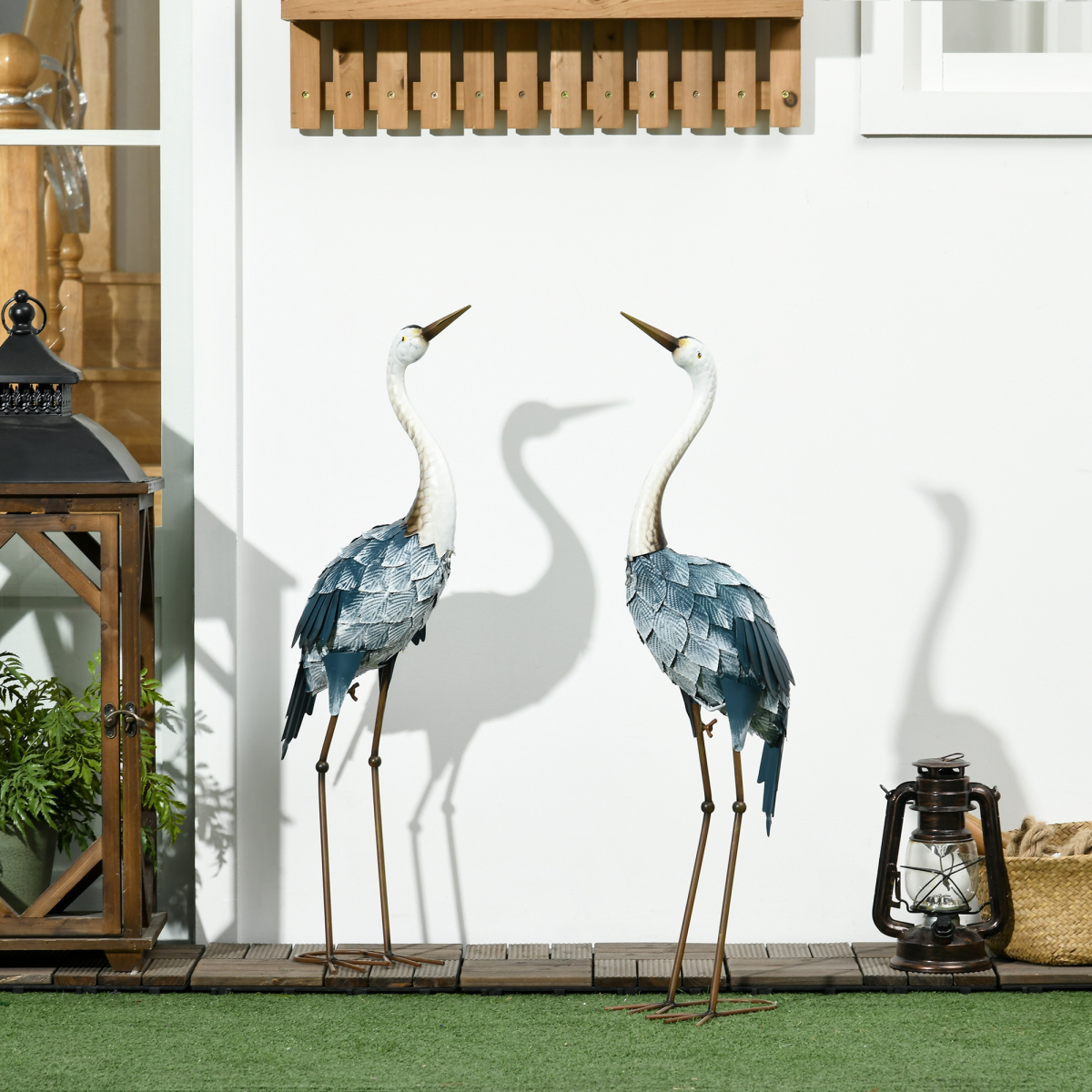 Outsunny 2-Piece Steel Crane Garden Statue Set, Blue/White/Grey