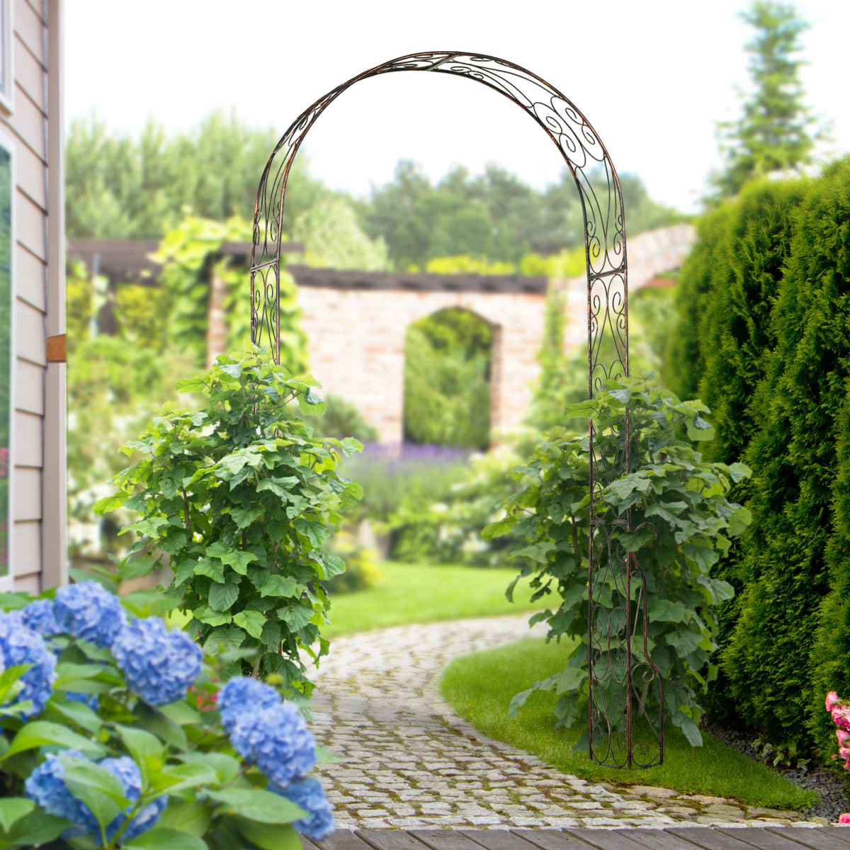 Outsunny 226 cm Metal Garden Arch with Scroll Design and Plant Support, Black Epoxy