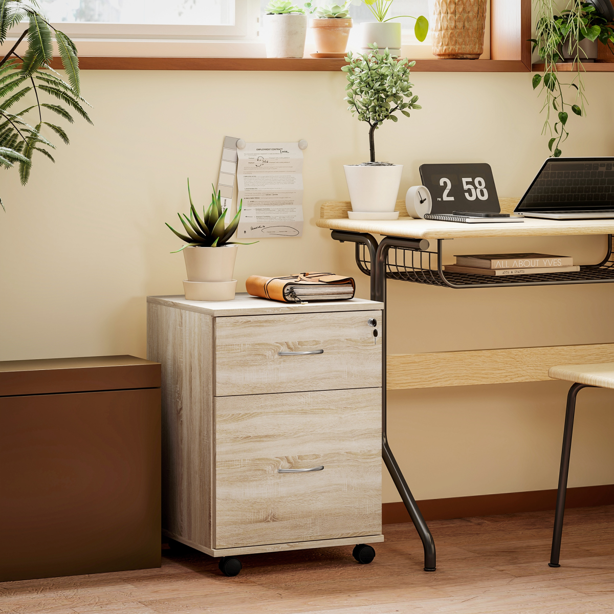 HOMCOM 2-Drawer Mobile Filing Cabinet with Lock, Oak Wood Grain