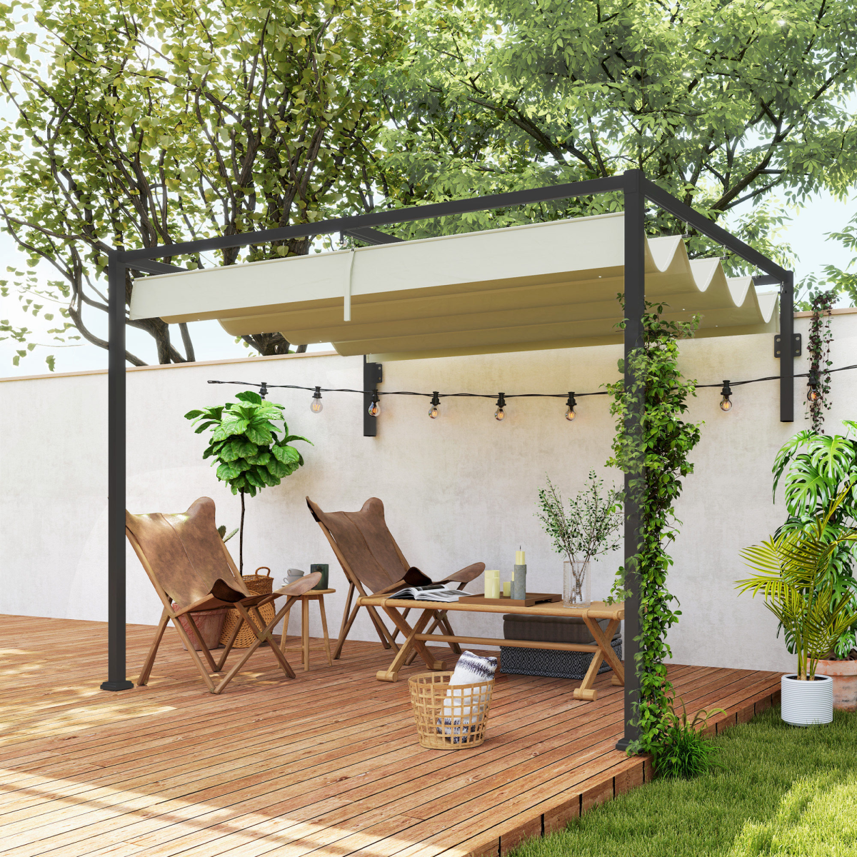 Outsunny 2 x 3 m Wall Mounted Pergola with Retractable Roof, Khaki