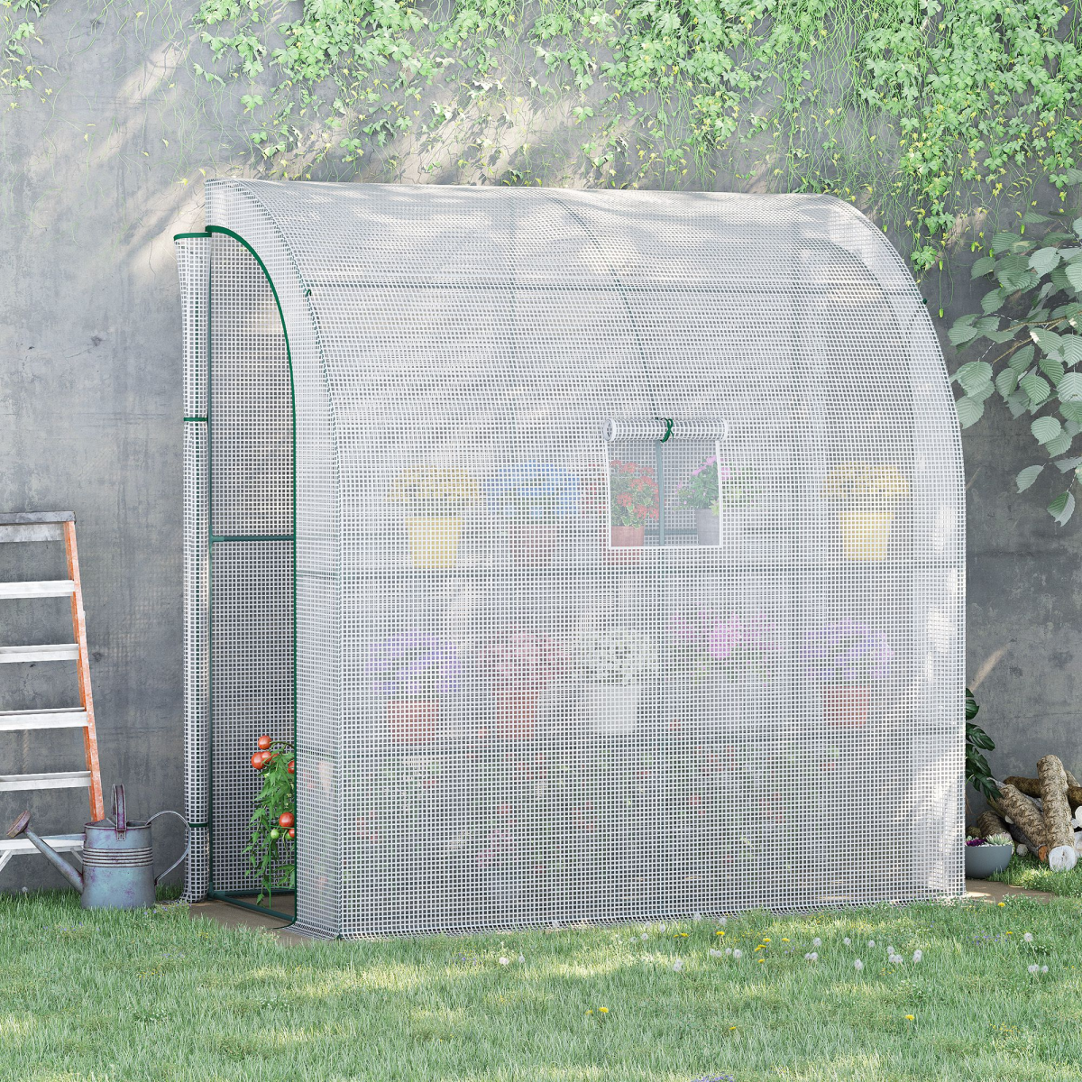 Outsunny Walk-In Lean-To Greenhouse with PE Cover, Steel Frame, Windows and Doors, White