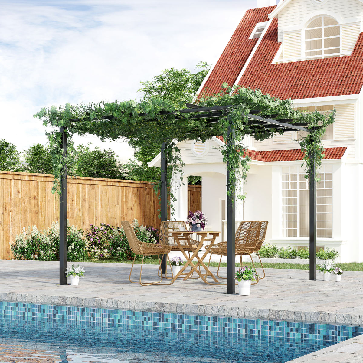 Outsunny 3 x 3 m Metal Pergola with Grid Top, Black, 300 x 300 x 230 cm