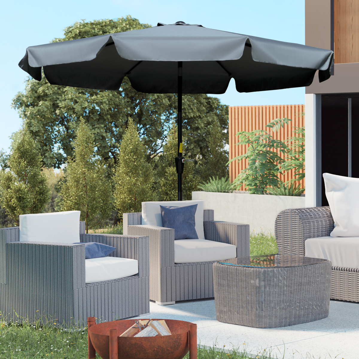Outsunny 2.66m Charcoal Grey Patio Umbrella with Scalloped Edge, Crank Handle and Tilt Function
