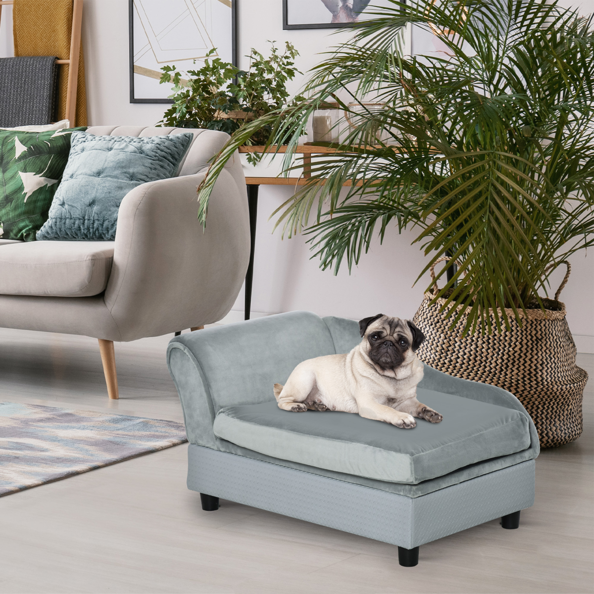 PawHut Pet Sofa with Storage, Cushion, Velvet Upholstered Dog Chair Cat Couch, Light Blue