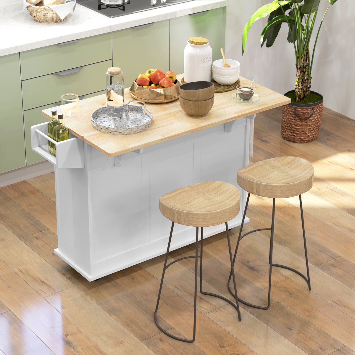 HOMCOM White Kitchen Island Cart with Drop Leaf, Wheels & Storage