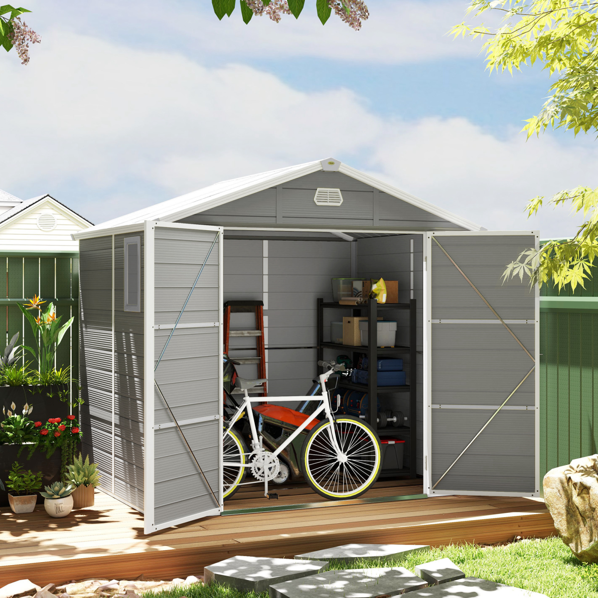 Outsunny 8 x 6ft Garden Storage Shed with Foundation Kit, Light Grey