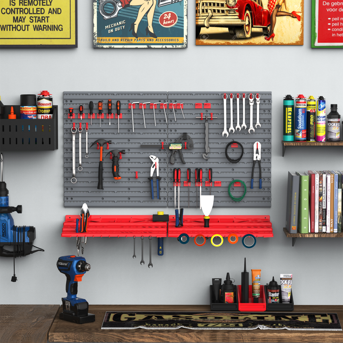 DURHAND Wall Mounted Garage Tool Organiser Unit with 54 Holes and 50 Pegs