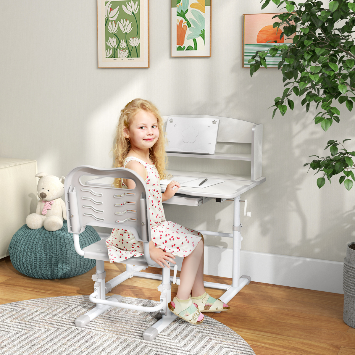 ZONEKIZ Adjustable Kids Desk and Chair Set with Drawer & Bookshelf, Grey