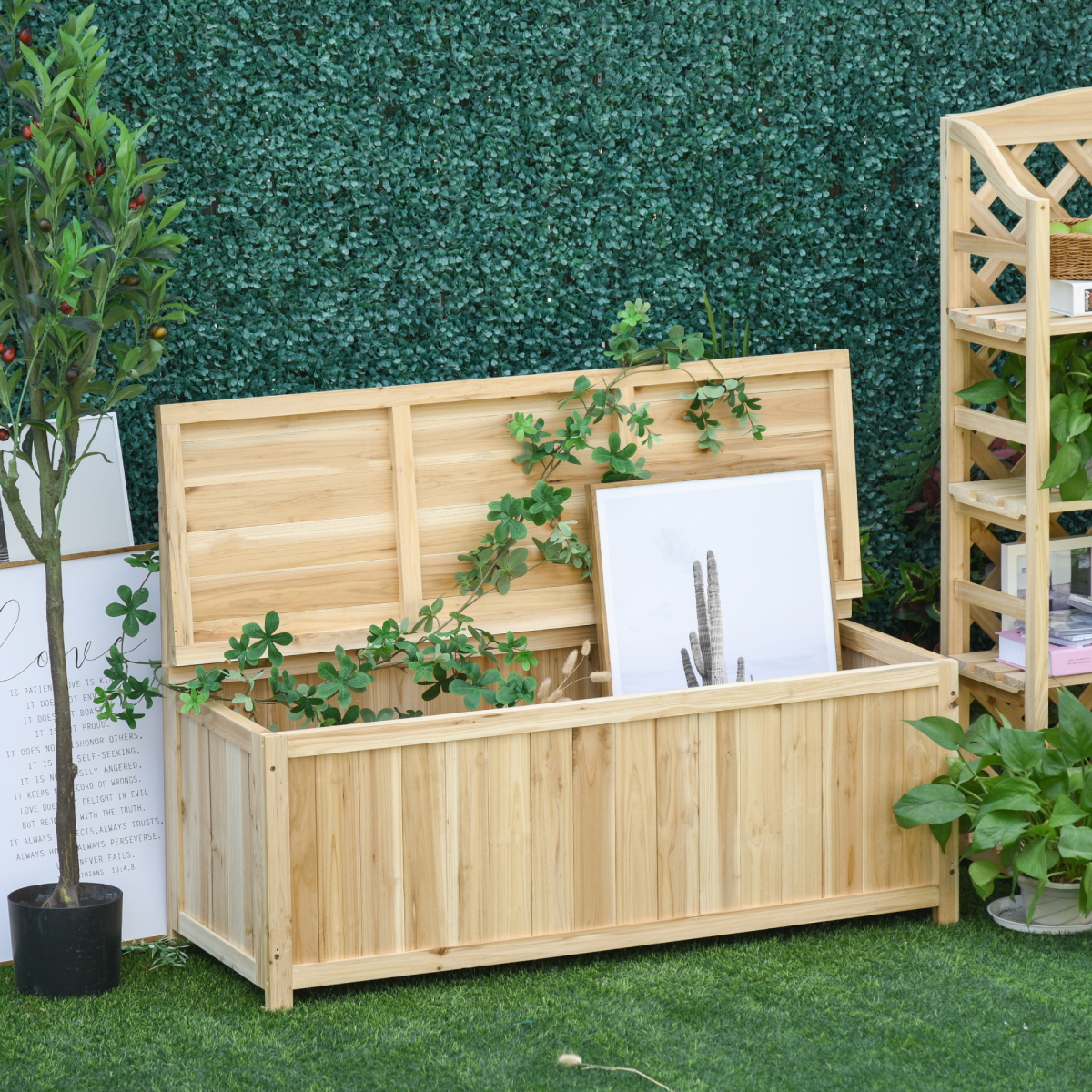 Outsunny Wooden Garden Storage Bench, Ergonomic Outdoor Seating for 2 People, 250kg Max Load, Fir Wood with Varnished Finish