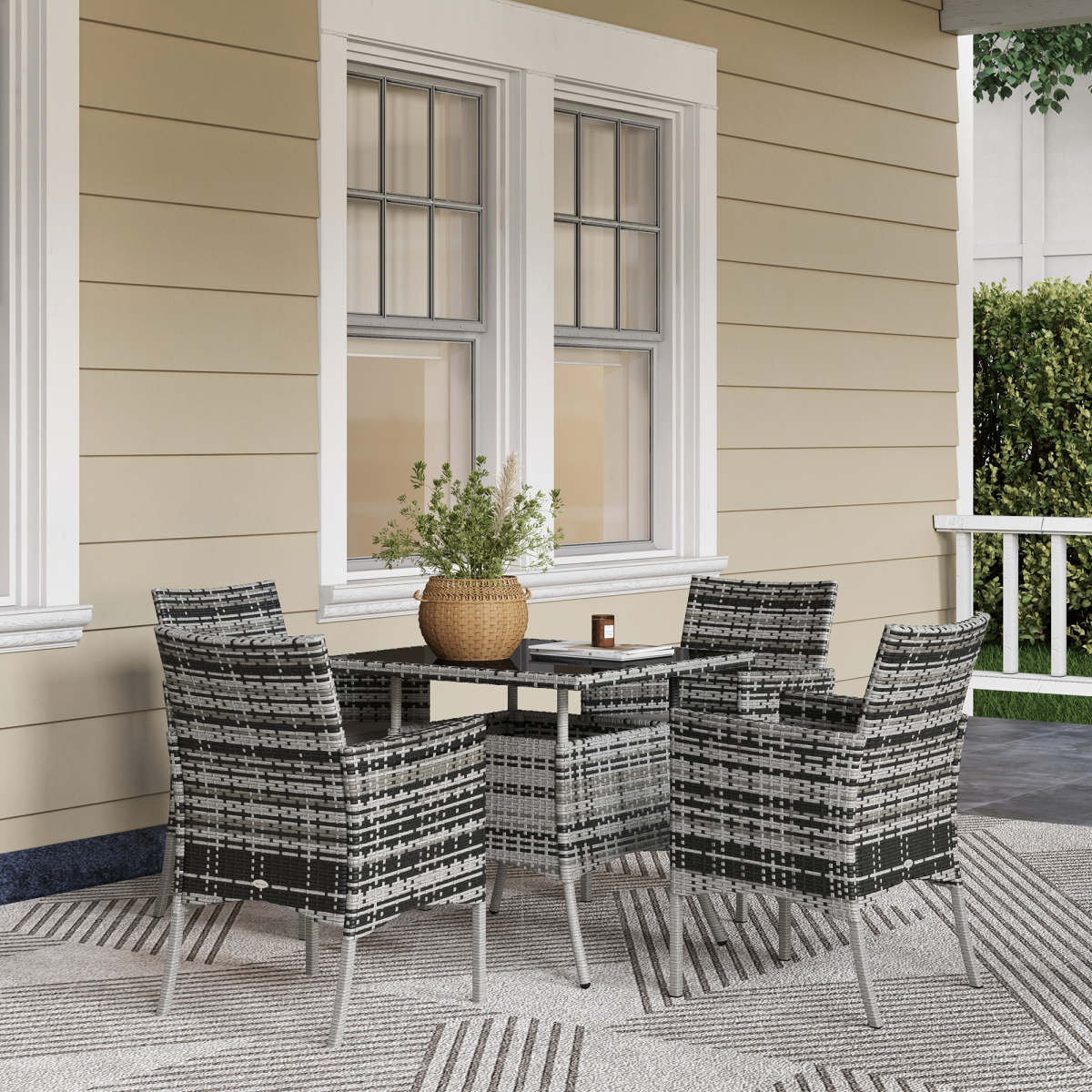 Outsunny 5 Piece 4 Seater Rattan Garden Dining Set with Tempered Glass Tabletop