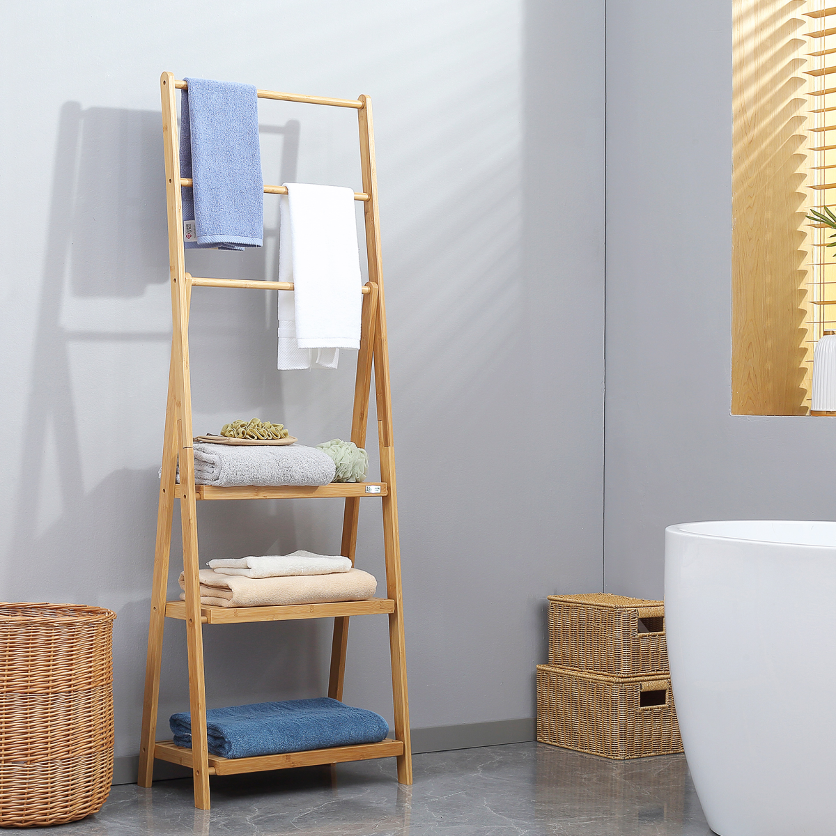 Freestanding Foldable Bamboo Towel Rack with Shelves and 3 Bars