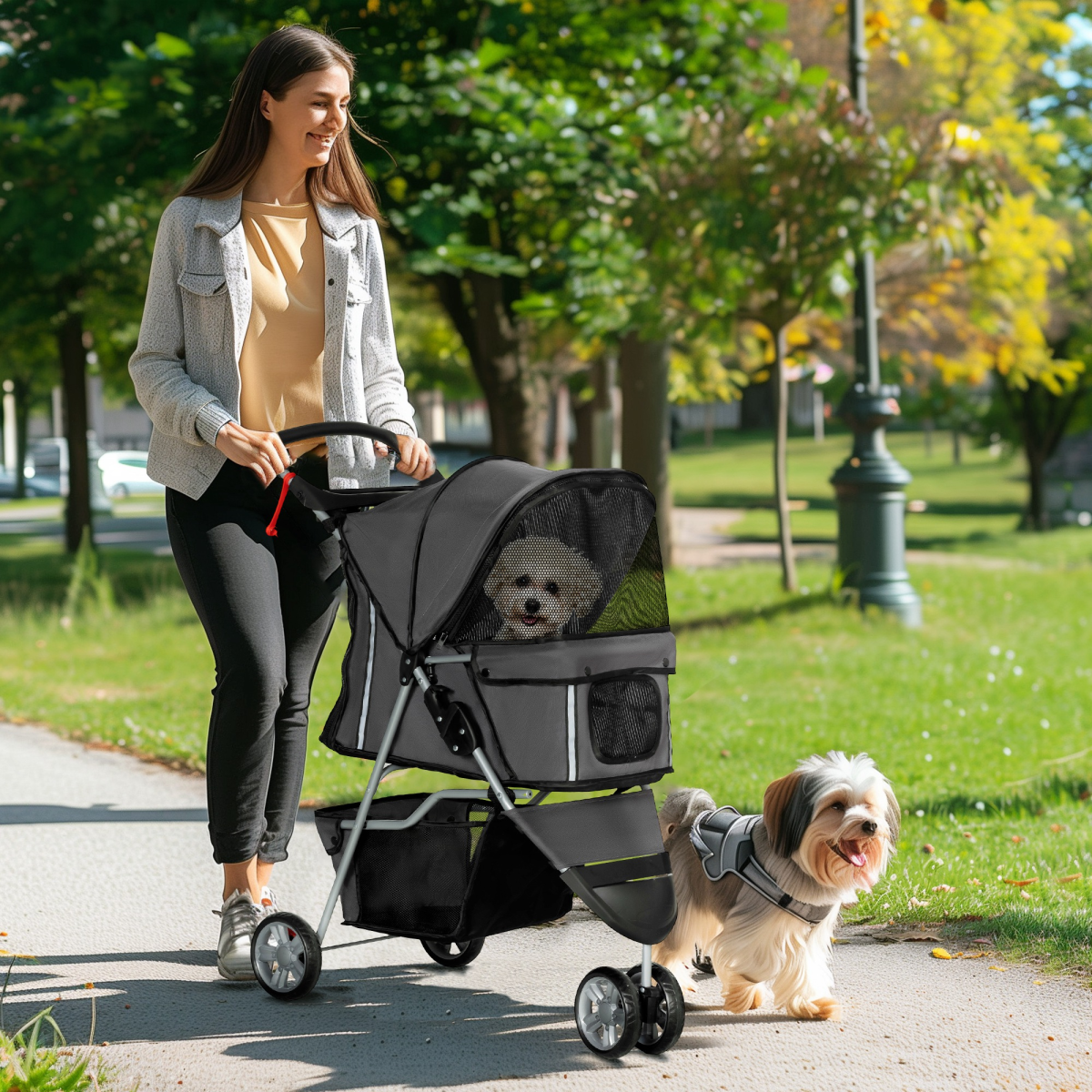 PawHut 3-Wheel Pet Stroller for Cats & Small Dogs, Charcoal Grey
