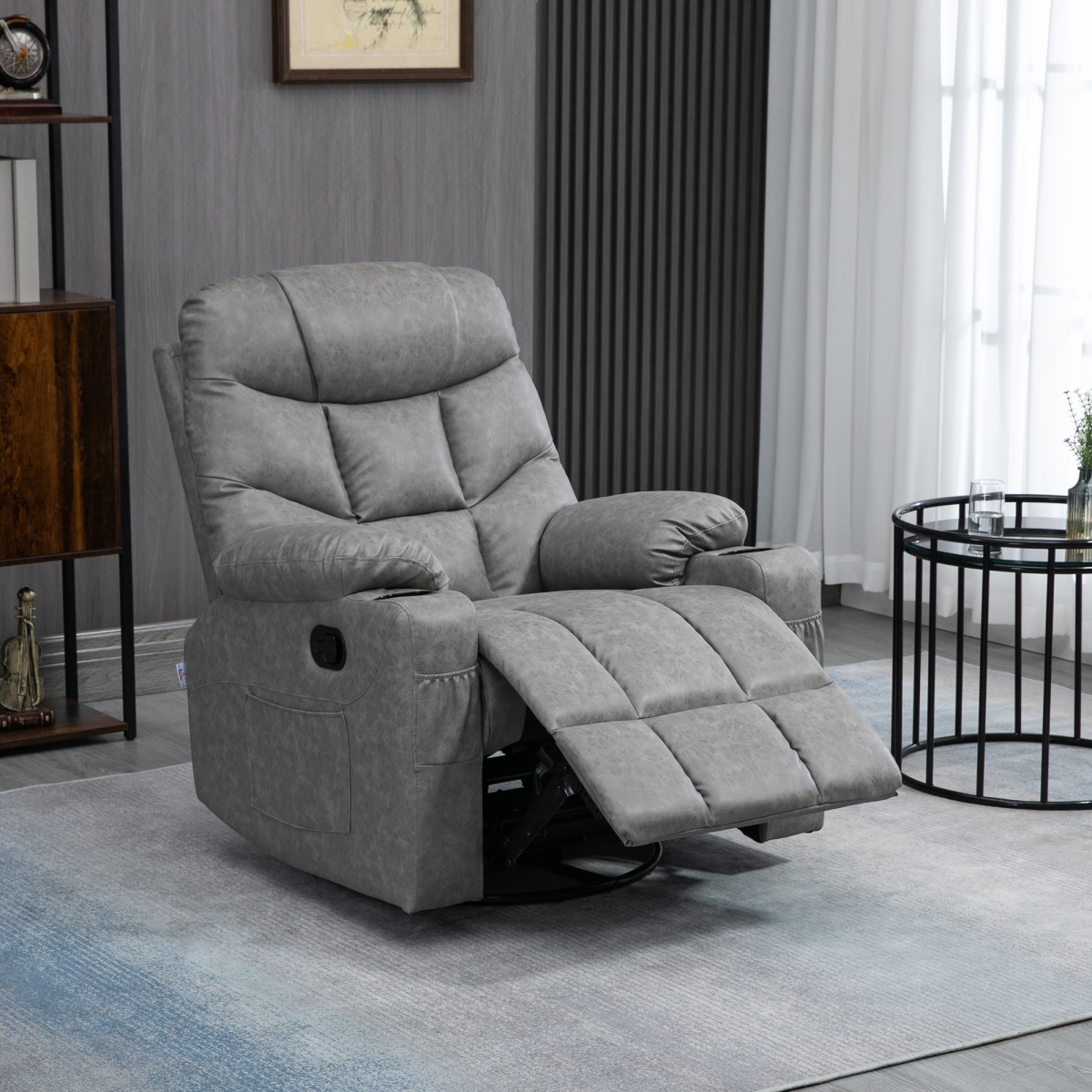 HOMCOM PU Leather Manual Recliner Chair with 360 Degree Swivel, Cup Holders and Side Pockets